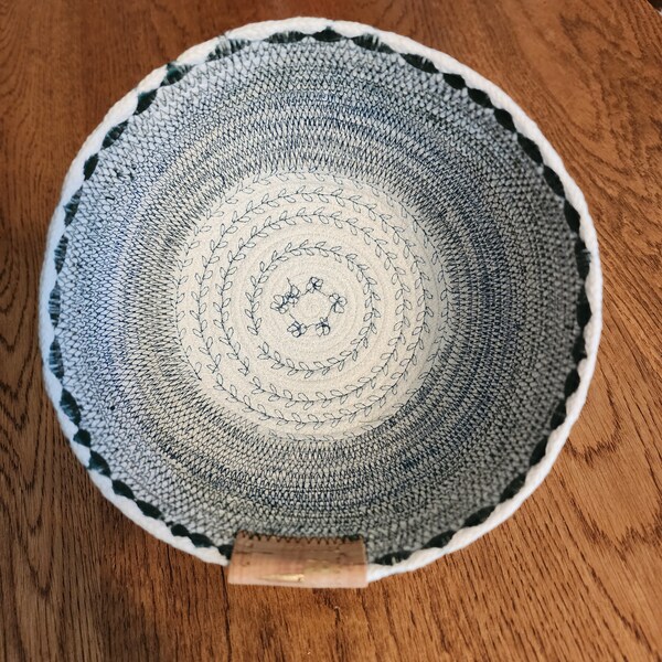 6 Inch Upcycled Cotton Clothesline Rope Bowl Teal, Blue and Green With Decorative Stitches on Base and Rim
