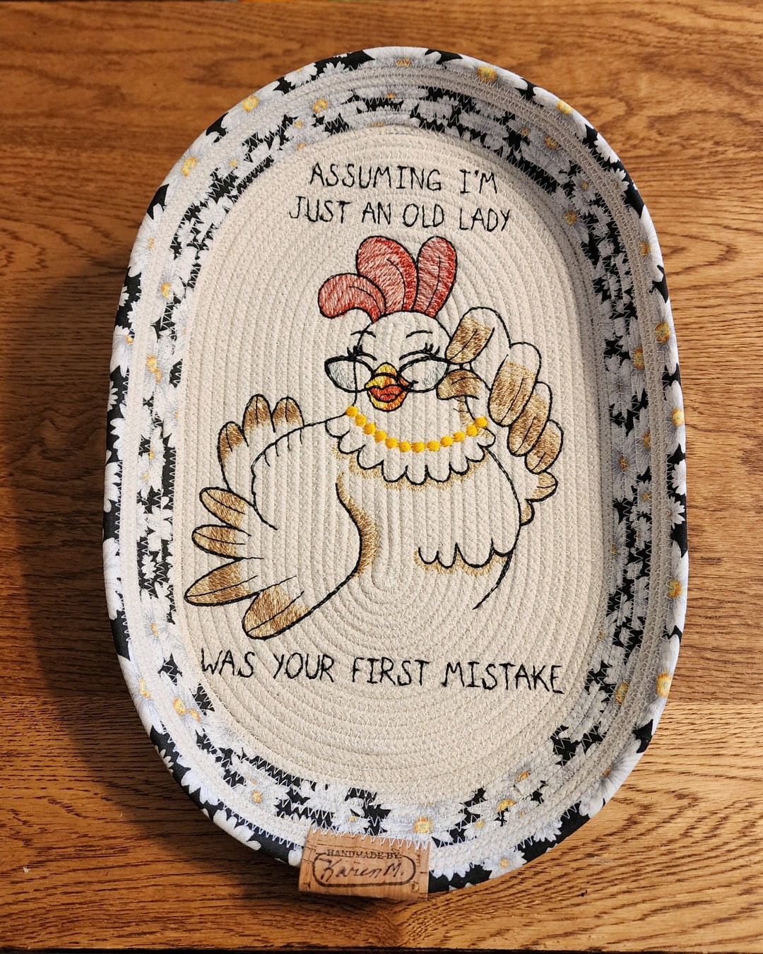 Upcycled Cotton Rope and Fabric Oval Bowl, Wall Décor, Embroidered With ...