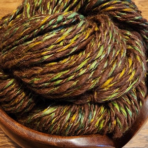Alpaca Art Yarn, Handspun Medium Brown, Plied with Chartreuse and Green Silk, DK to Light Worsted Weight, 3-Ply with Gold Metallic Thread