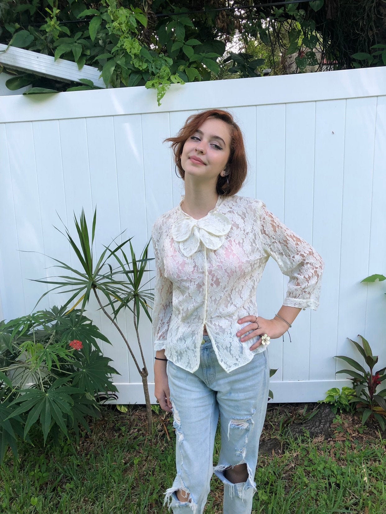 Vintage Lace Blouse / 1950's Bow Button Down Shirt White | Etsy