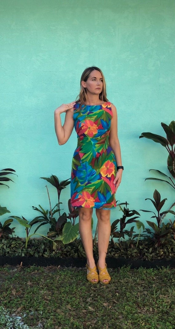 Vintage Floral Dress / Tropical Colorful Rayon / M