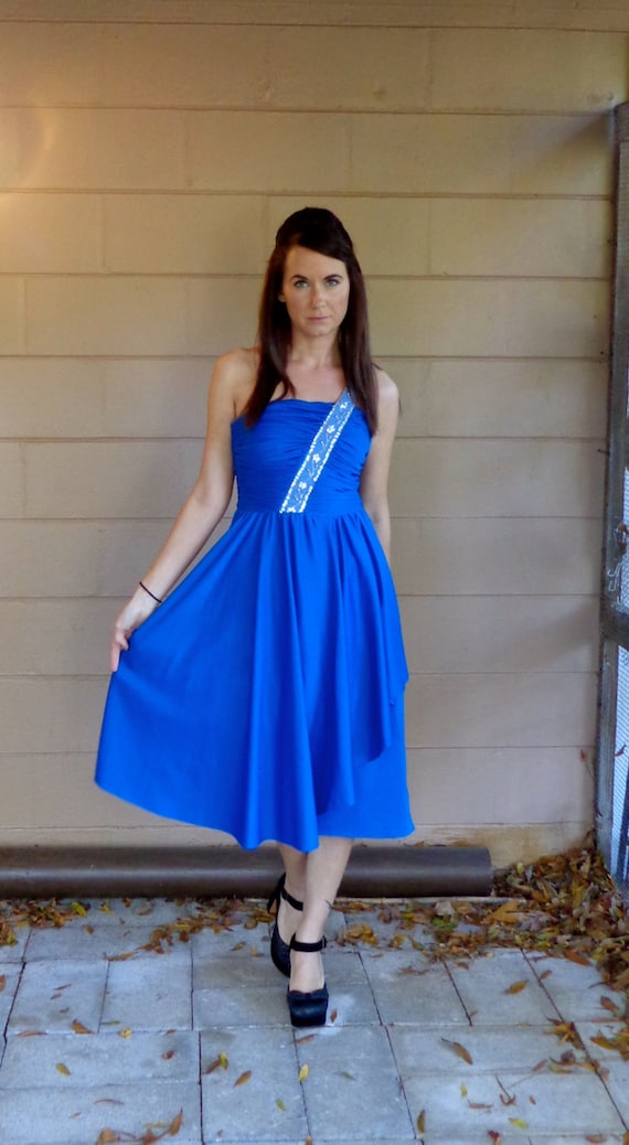 Vintage Party Dress / Royal Blue Sequin Draped Ruf