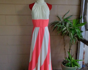 Vintage Maxi Dress / Empire Cream & Pink Gown / 1970's  Medium Prom