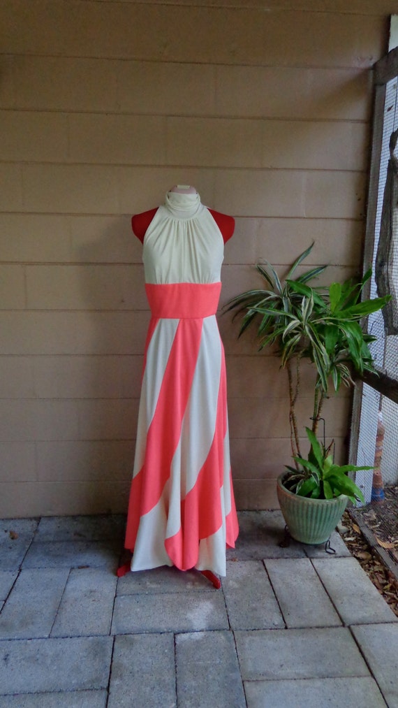 Vintage Maxi Dress / Empire Cream & Pink Gown / 19
