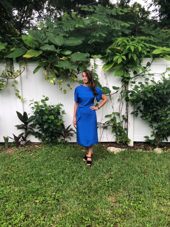 Vintage Midi Dress / Royal Blue Textured Fabric Si