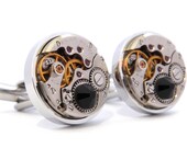 Watch Cufflinks with 'Black Hematite' Black Crystals. Steampunk Wedding Cuff Links. Modern Vintage Style Gifts For Men.