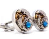 Blue Steampunk Cufflinks with Vintage Watch Movements. Wedding Cuff Links, Gifts For Him.