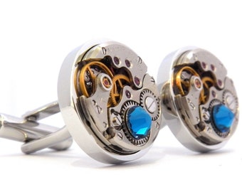 Blue Steampunk Cufflinks With Vintage Watch Wedding