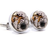 Watch Cufflinks with 'Black Hematite' Black Crystals. Steampunk Wedding Cuff Links. Modern Vintage Style Gifts For Men.