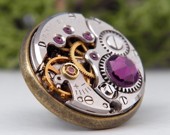 Steampunk Tie Pin / Lapel Badge / Tie Tack / Brooch. Vintage Watch Mechanism Bronze Pin Badge. Steampunk Wedding Accessory. Amethyst.