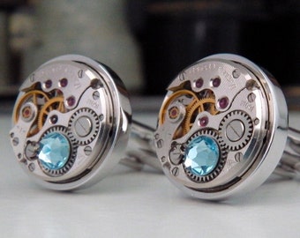 Steampunk Cufflinks with Vintage Watch Mechanisms & 'Aquamarine' Crystals. March Birthstone Cuff Links. Father's Day Gift