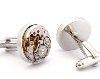 Watch Movement Cufflinks. Round Cuff Links, Handmade with Vintage Watch Mechanisms. Steampunk Style Father's Day Gift For Dad. Gift For Him.