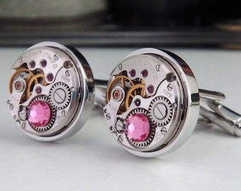 Steampunk Watch Cufflinks, Vintage Clockwork Watch Movement Cuff Links with Rose Pink Crystal. Wedding Anniversary Gift. October Birthstone.