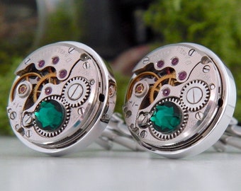 Cufflinks: Steampunk Watch Cufflinks, Vintage Clockwork Watch Movement Cuff Links with Emerald Crystal. Green Wedding Cufflinks.