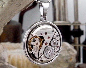 Vintage Watch Mechanism Pendant and Stainless Steel Chain. Unusual Gift. Steampunk Necklace. Mother's Day Gift.