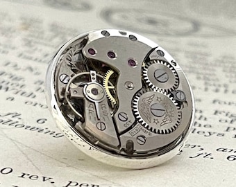 Steampunk Lapel Pin Badge, With Watch Mechanics. Vintage Rotary Watch Movement & Silver Plated Backing.