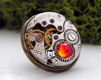 Steampunk Lapel Badge / Tie Tack / Brooch. Vintage Watch Mechanism Bronze Pin Badge. Fire Opal / Burnt Orange Lapel Pin.