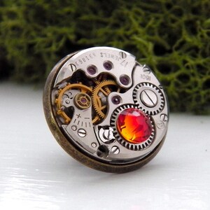 Steampunk Lapel Badge / Tie Tack / Brooch. Vintage Watch Mechanism Bronze Pin Badge. Fire Opal / Burnt Orange Lapel Pin.