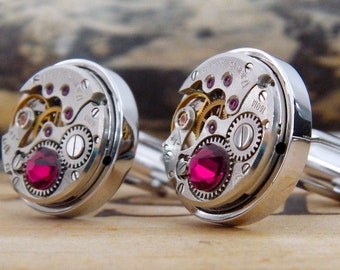 Steampunk Cufflinks, Watch Mechanism Cuff Links with Ruby Red Crystals. Valentine's Gift. Wedding Anniversary Gift for Men. July Birthstone