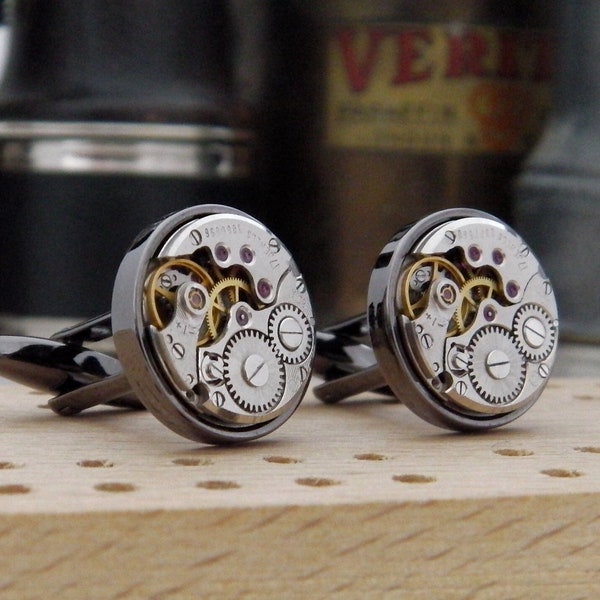Watch Cufflinks - Gun Metal Black Steampunk Cuff Links made with Vintage Watch Parts. Gifts For Men.