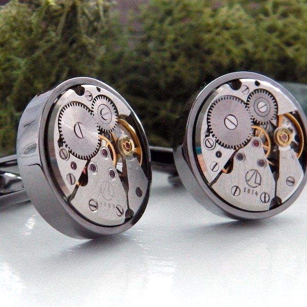 Large Watch Cufflinks - Gun Metal Steampunk Cuff Links. Steampunk Gifts For Men.