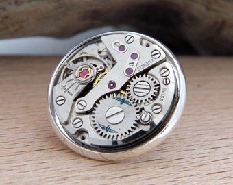 Steampunk Lapel Pin Badge, With Watch Mechanics. Vintage Rotary Watch Movement & Silver Plated Backing.