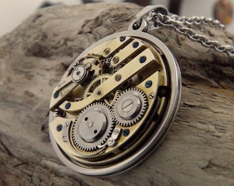 Mechanical Watch Medallion - Vintage Pocket Watch Mechanism Pendant with Stainless Steel Chain Necklace. Steampunk Gears Gift.
