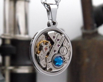 Steampunk Necklace - Vintage Watch Mechanism Pendant with 'Capri Blue' Swarovski Crystal and Stainless Steel Chain. Unusual Gift.