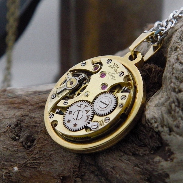 Watch Necklace. Steampunk Gold Pendant with Vintage Watch Movement and Stainless Steel Chain.