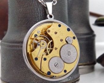 Medallón de reloj antiguo grande - Colgante de mecanismo de reloj vintage con collar de cadena de acero inoxidable. Elegante regalo Steampunk.