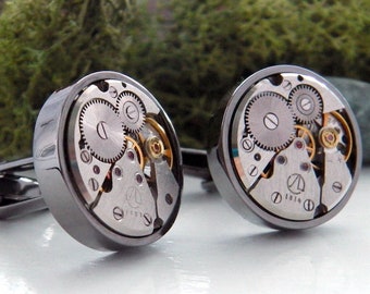 Large Watch Cufflinks - Gun Metal Black Steampunk Cuff Links. Steampunk Gifts For Men.