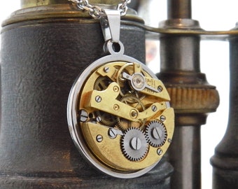 Collar de medallón de reloj antiguo - Colgante de mecanismo de reloj de bolsillo suizo con collar de cadena de acero inoxidable. Regalo Steampunk único.