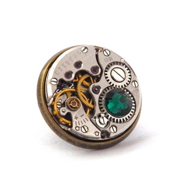 Steampunk Tie Pin / Lapel Badge / Tie Tack / Brooch. Vintage Watch Mechanism Bronze Pin Badge. Steampunk Wedding Accessory. Emerald Green.