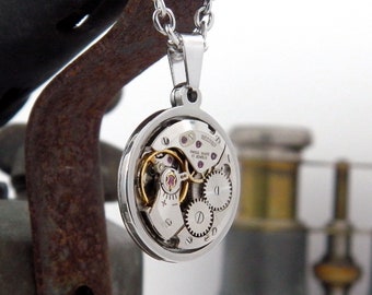 Steampunk Necklace - Vintage Watch Mechanism Pendant and Stainless Steel Chain. Upcycled Jewellery