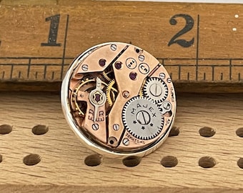 Steampunk Lapel Pin Badge, With Copper Colour / Rose Gold Watch Mechanics. Silver Tone Backing