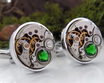 Steampunk Cufflinks with Vintage Watch Mechanisms & 'Fern Green' Crystals. Unusual Cuff Links. Gift for Men.