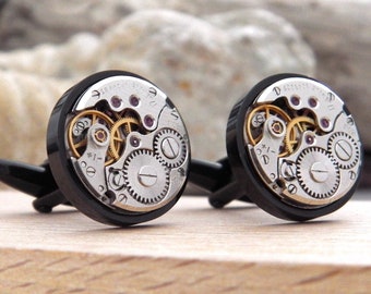 Watch Cufflinks - Black Clockwork Steampunk Cuff Links. Gifts for Men.