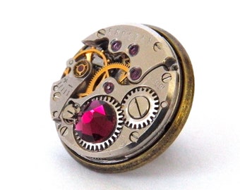 Steampunk Lapel Badge / Tie Pin / Button Brooch. Vintage Watch Mechanism Bronze Pin Badge. Steampunk Wedding Accessory. Ruby Red.