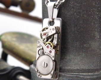 Steampunk Style Necklace, Featuring a Vintage Rectangular Ladies Watch Mechanism.