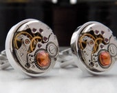 Steampunk Cufflinks with Vintage Watch Mechanisms & ''Copper'' Crystals. Wedding Anniversary Cuff Links.