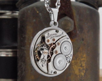 Large Antique Waltham Watch Medallion - Vintage Watch Mechanism Pendant with Stainless Steel Chain Necklace. Classy Steampunk Gift.