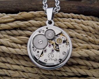 Steampunk Necklace - Vintage Watch Mechanism Necklace. Industrial Mechanical Steam Punk Gift for Him or Her. Stainless Steel.