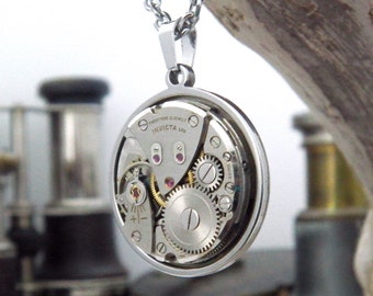 Vintage Watch Mechanism Pendant and Stainless Steel Chain. Unusual Gift. Steampunk Gears.