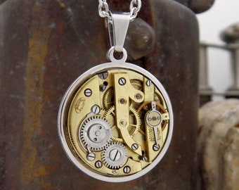 Unusual Steampunk Necklace - Swiss Pocket Watch Mechanism Pendant with Stainless Steel Chain Necklace. Unique Steampunk Gift For Him or Her.