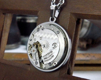Unusual Vintage Watch Mechanism Pendant and Stainless Steel Chain. Steampunk Gears. Unique Gift For Her