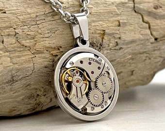 Steampunk Necklace - Vintage Watch Mechanism Pendant and Stainless Steel Chain. Unusual Gift.