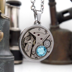 Steampunk Necklace - Vintage Watch Mechanism Pendant with Aquamarine Blue Swarovski Crystal and Stainless Steel Chain. Unusual Gift.