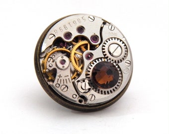 Steampunk Lapel Badge / Tie Tack / Brooch. Vintage Watch Mechanism Bronze Pin Badge. Smoked Topaz Lapel Pin.