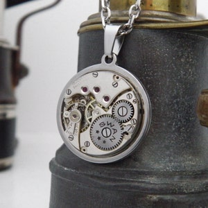Vintage Watch Mechanism Pendant and Stainless Steel Chain. Unusual Gift. Steampunk Gears.