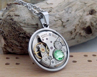 Steampunk Necklace - Vintage Watch Mechanism Pendant with Peridot Crystal and Stainless Steel Chain. 16th Wedding Anniversary Gift.